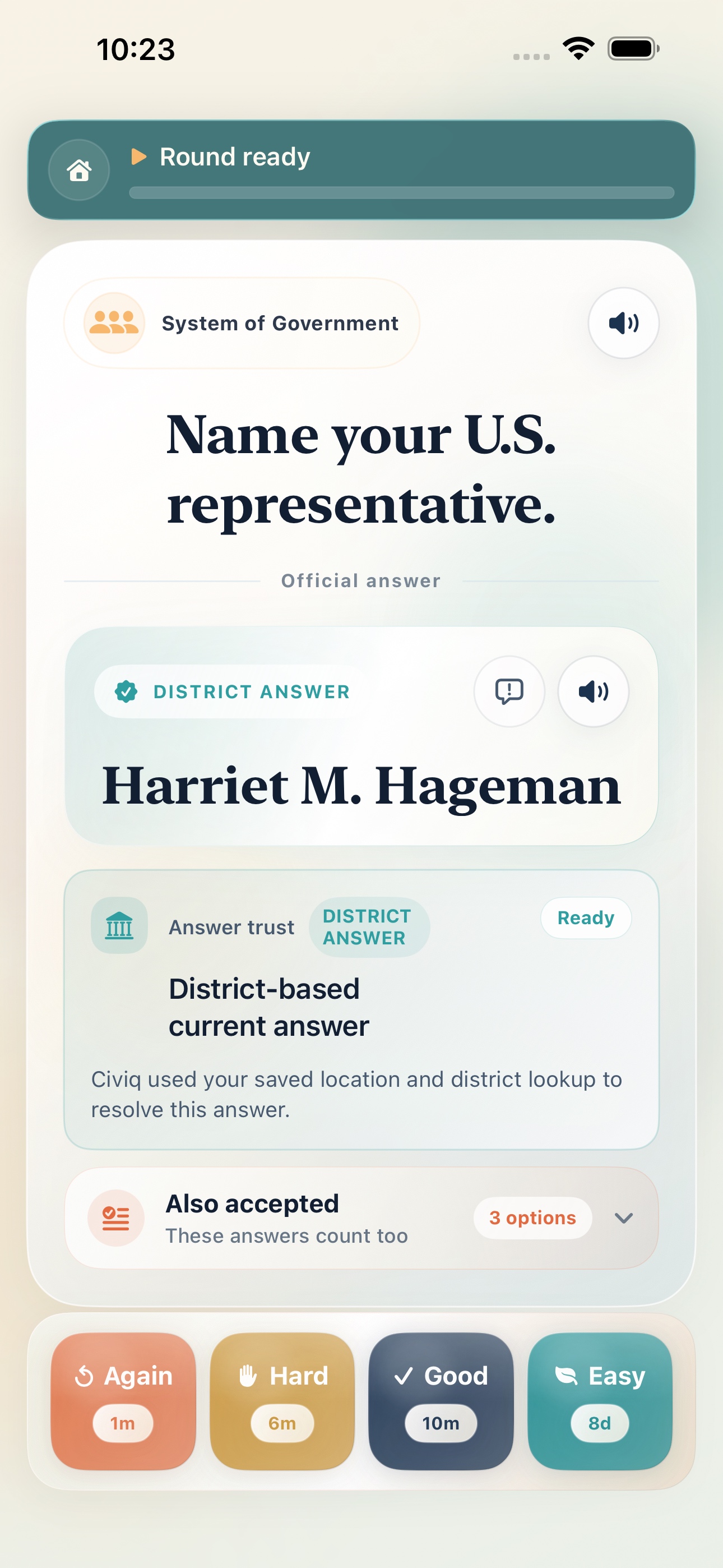 Civiq showing a resolved current U.S. representative answer