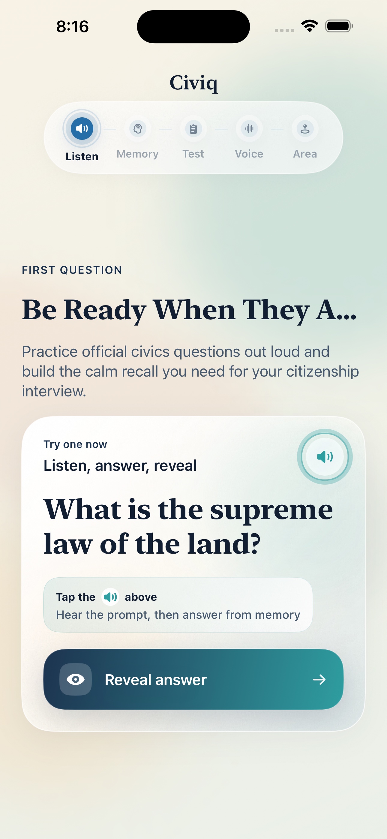 Civiq showing a spoken citizenship practice question