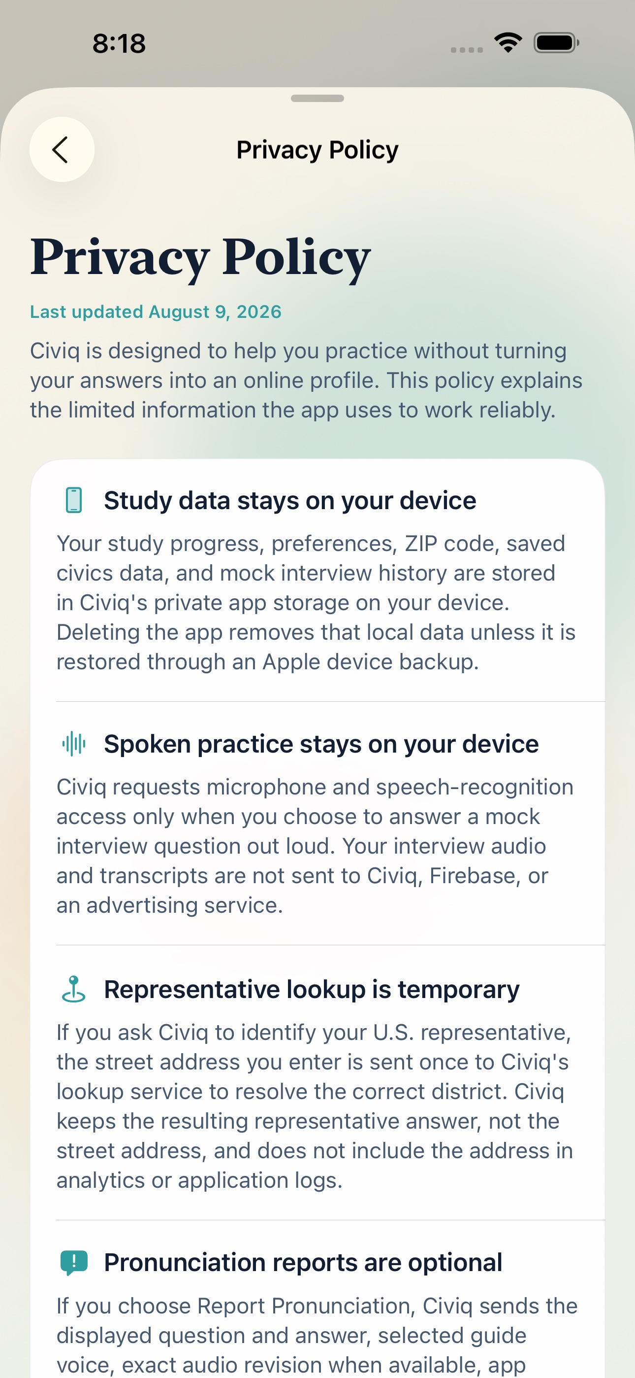 Civiq explaining which study information stays on the device