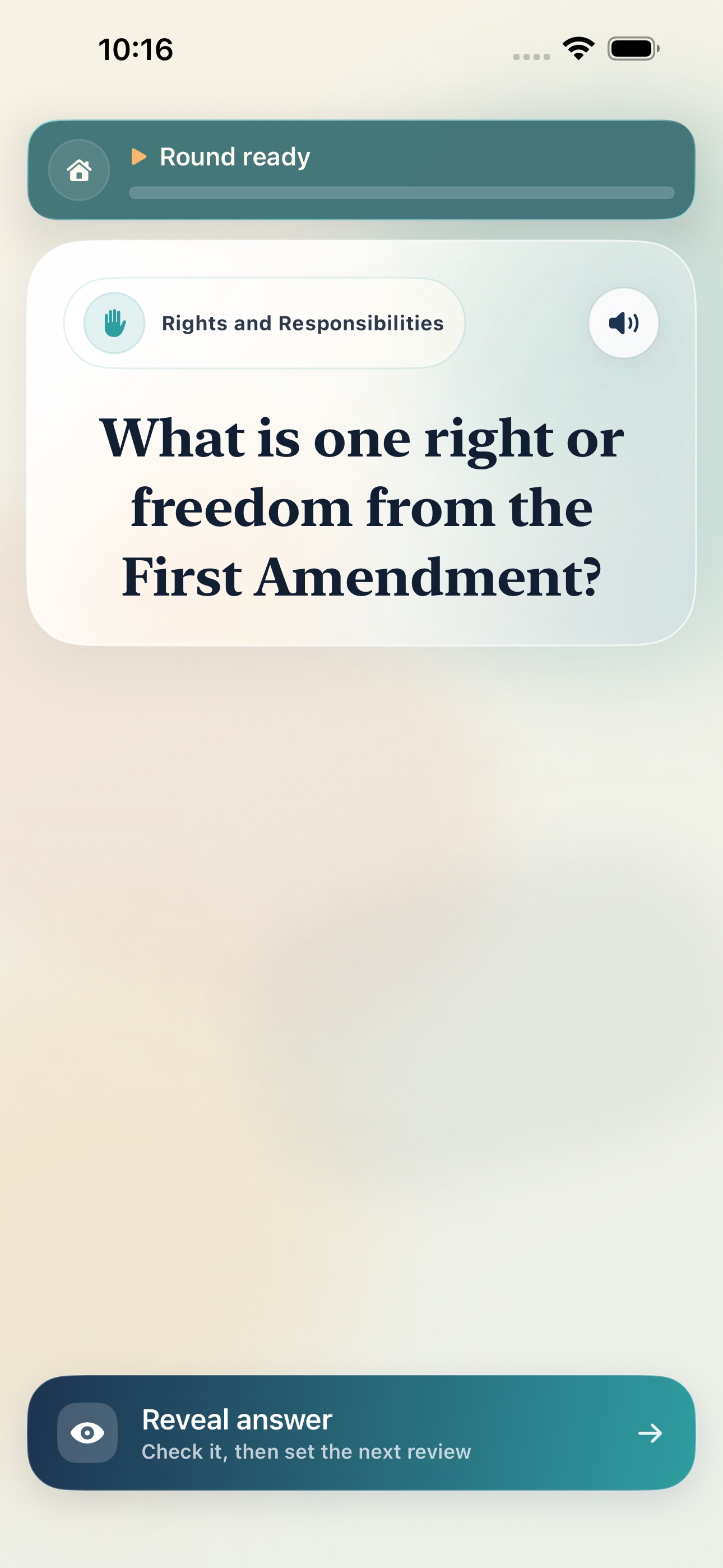 Civiq study session showing an official civics question and Reveal answer button