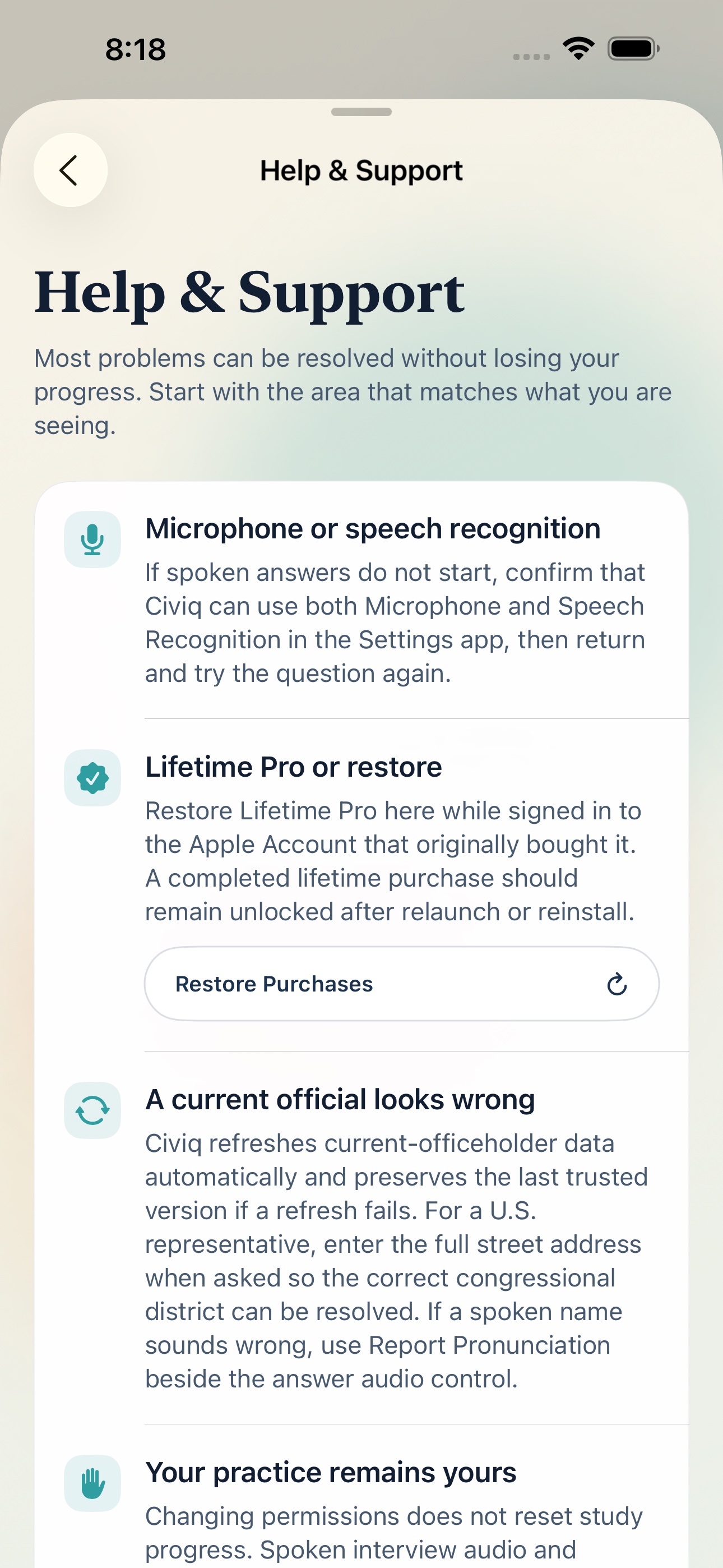 The Help and Support screen inside Civiq